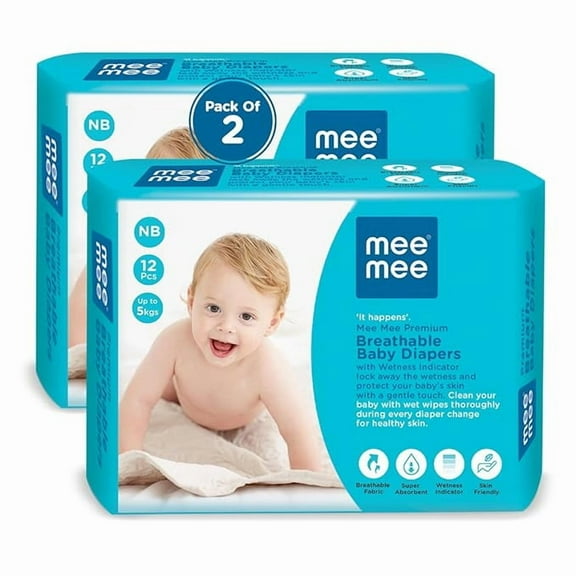Mee Mee Premium Breathable Baby Diapers | (NB) Size Baby Taped Diapers | 12 PIECES(pack of 2)