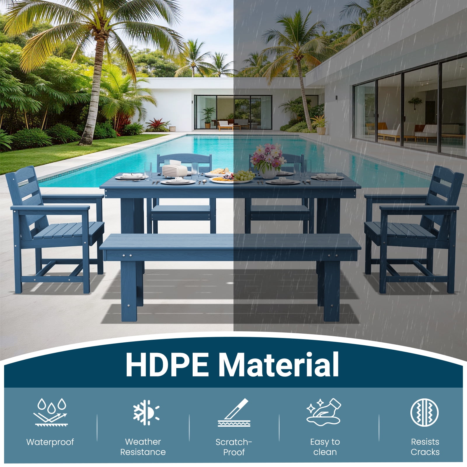 LOYALICE 6 Pieces Patio Furniture Set, HDPE Outdoor Dining Table Set with 1 Bench, 4 Chairs, Durable and Weather-Resistant for Patio, Garden and Balcony Use, Navy Blue