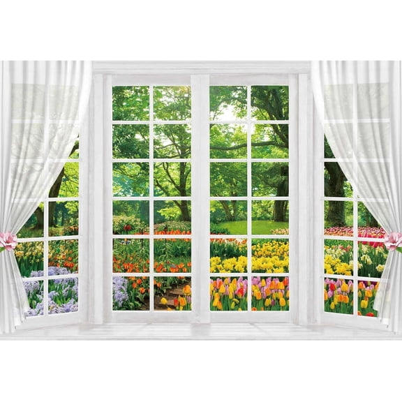 Spring Window Backdrop White Windowsill Spring Garden Forest Photography Background for Easter Birthday Party Decorations Banner Supplies Photo Booth Props