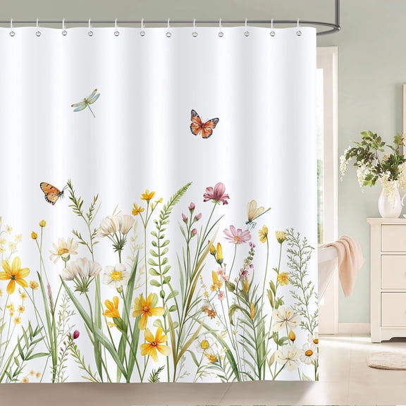 Spring Floral Shower Curtain, Yellow White Wildflower Plant Butterfly Decorative Bath Curtain 72 x 72 Inch Polyester Fabric Waterproof Bathroom Curtain with 12 Hooks