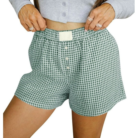 vigerkar 2025 Summer Women's Casual Loose Fit Cotton Plaid Shorts – Trendy Checkered Bermuda Shorts with Comfortable Elastic Waist Green, XS