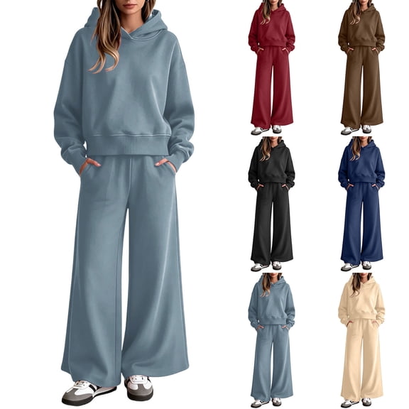 Wide Leg Sweatpants Sets for Women 2 Piece Outfit,Long sleeves Hoodie,High Waist Pants with Pockets,Solid Color Casual Sets,Fall Tracksuit,Spring Casual Outfits