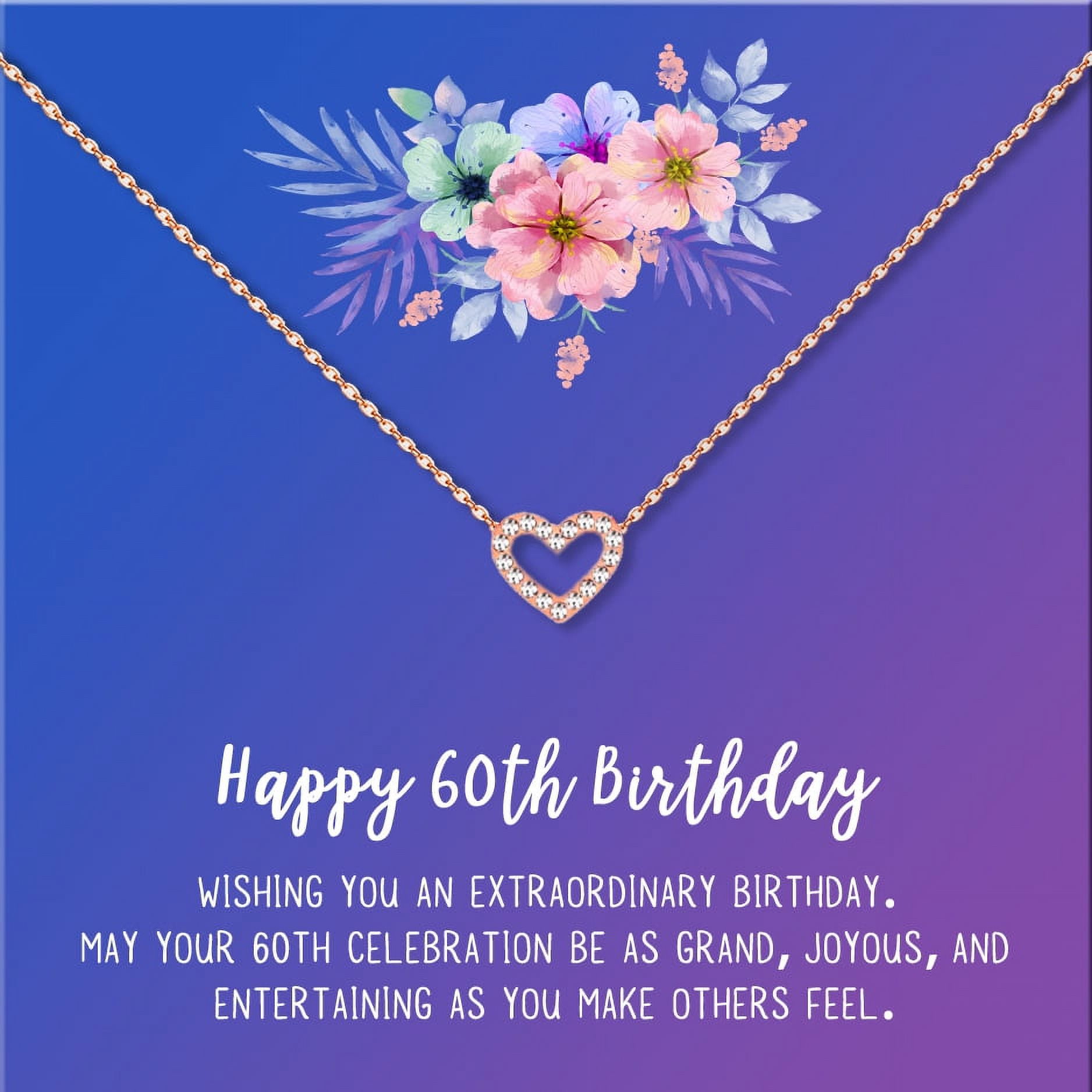 Anavia Happy 60st Birthday Gifts Stainless Steel Fashion Necklace Birthday Card Jewelry Gift for Her, Birthday Gift for Grandma-[Rose Gold Mini Crystal Heart, Blue-Purple Gift Card]