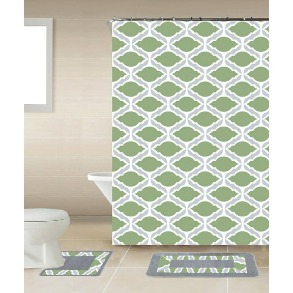 Thea Sage Green & Gray Chain 15-Piece Bathroom Accessory Set: 2 Bath Mats, Shower Curtain & 12 Fabric Covered Rings
