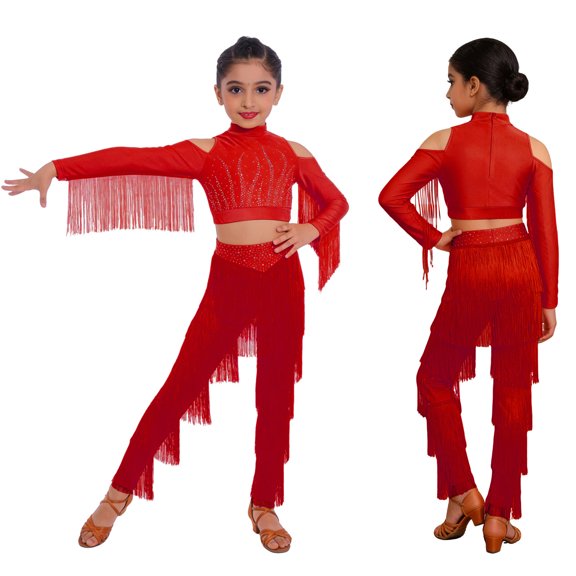 iiniim Girls Tassel Crop Tops and Fringe Pants Set for Performance Latin Dance 2 Pcs Ballroom Outfits Burgundy 10
