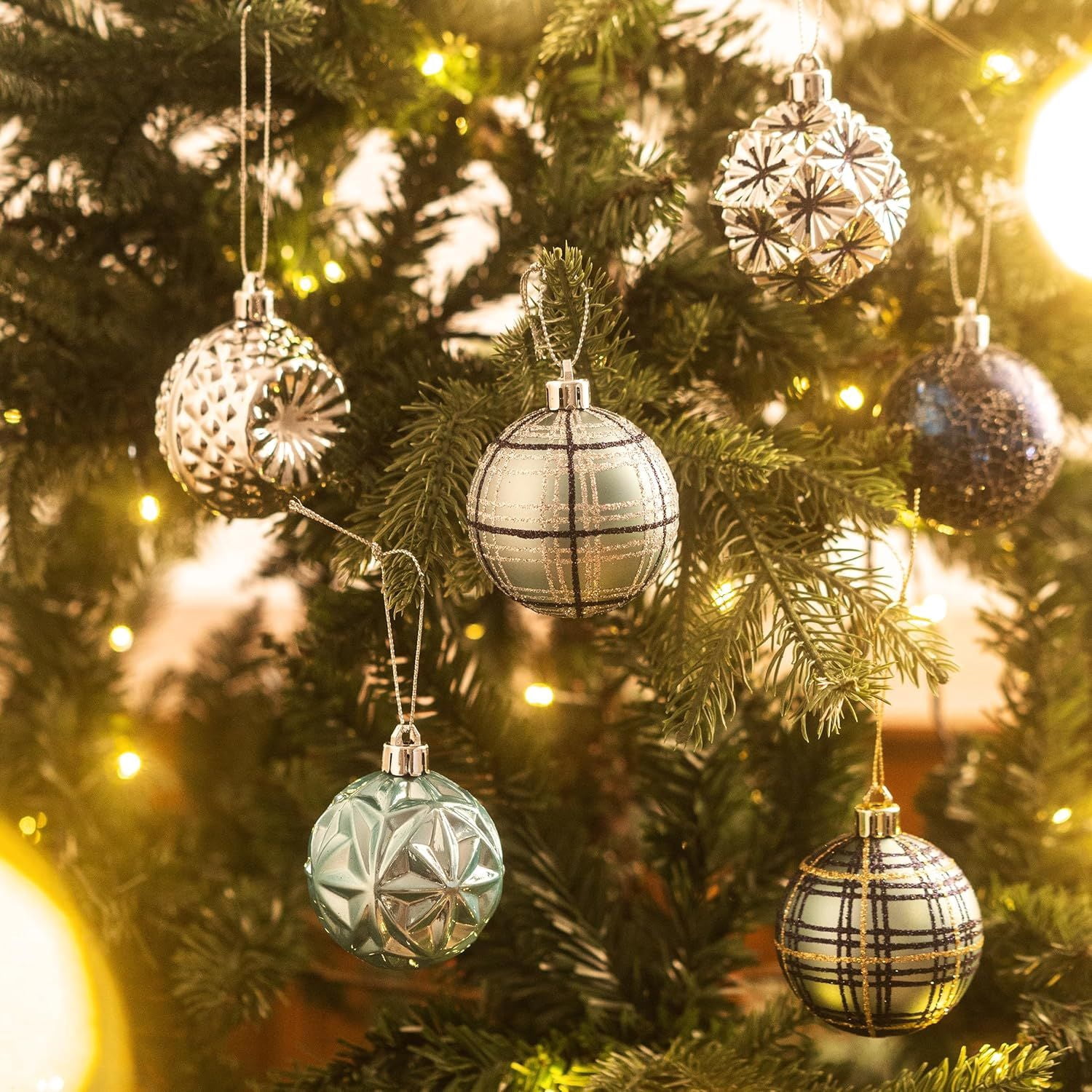 Ornaments for Christmas Trees, 16ct 2.36 Inches White and Silver Shatterproof Christmas Tree Decorations, Hanging Ball Ornaments for Xmas Holiday Party Decor