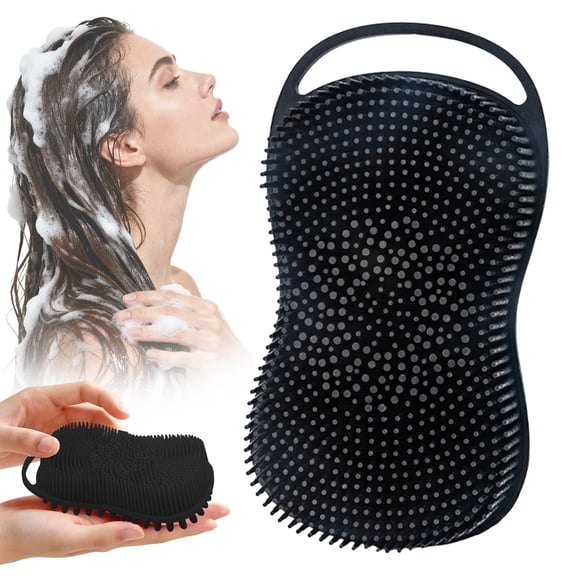 Silicone Body Scrubber, 2-in-1 Shower Exfoliating Brush & Shampoo Massager, Double Sided Exfoliating Brush with Soft Flexible Bristles, With Hanger Loop 1 Pc Black