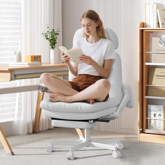 Genpo Criss Cross Chair with Wheels & Flip-up Arms, Executive Office Chair with Foot Rest, Swivel Cross Legged Office Chair, White Corduroy Fabric Comfy Computer Desk Chair, Vanity Chair for Home