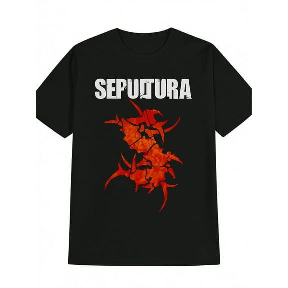 Men'S Casual Crew Neck T-Shirt with SEPULTURA Red Abstract Graphic Print, Regular Fit Short Sleeve Summer Tee, Durable Polyester Blend, Machine Washable, Ideal Gift for Music Fans, Music Fan Apparel