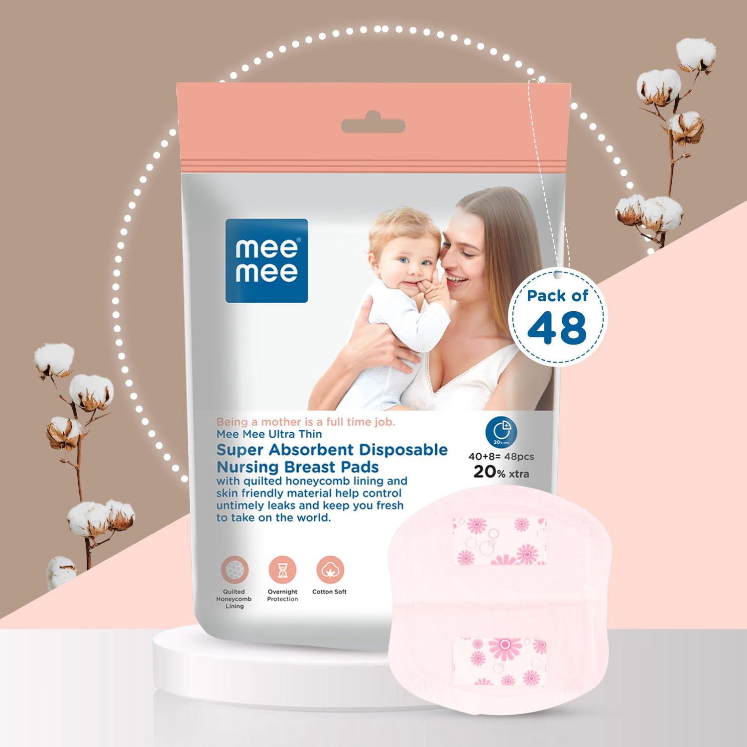Mee Mee Disposable Nursing Breast Pads 48 Pcs | Ultra Thin Honeycomb Nursing Breast Pads with Leak Guard | Super Absorbent, Soft Cotton Maternity Pads | Compact & Discreet