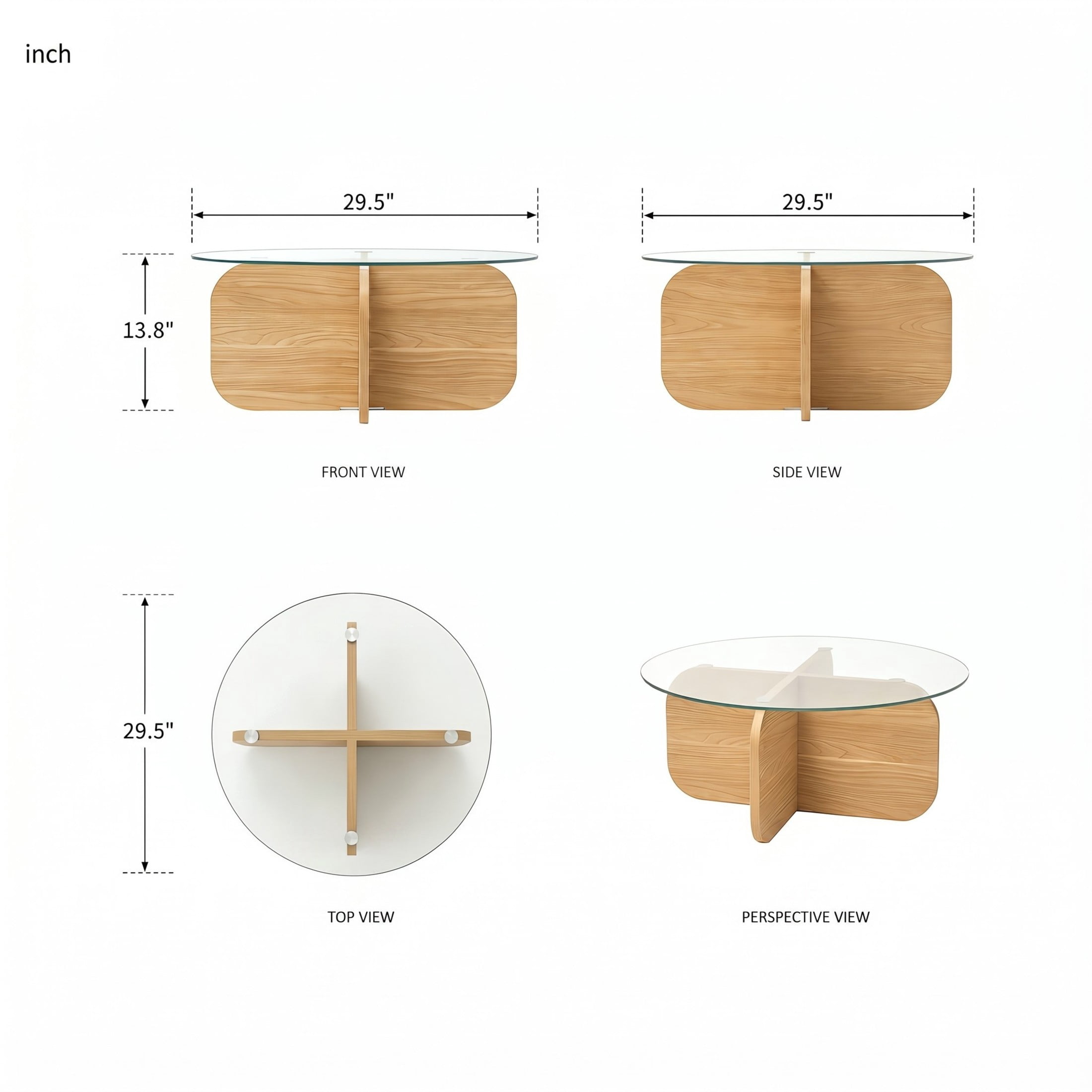 Christopher Knight Home 29.5" Round Coffee Table with Modern Cross Base, Tempered Glass Top, Blonde Oak