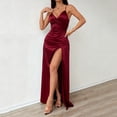 thumbnail image 4 of Women's Elegant Satin Maxi Dress Spaghetti Strap V Neck High Side Split Wrap Formal Long Dress Wedding Guest Cocktail Party Evening Club Night Out Flattering Gown, 4 of 8