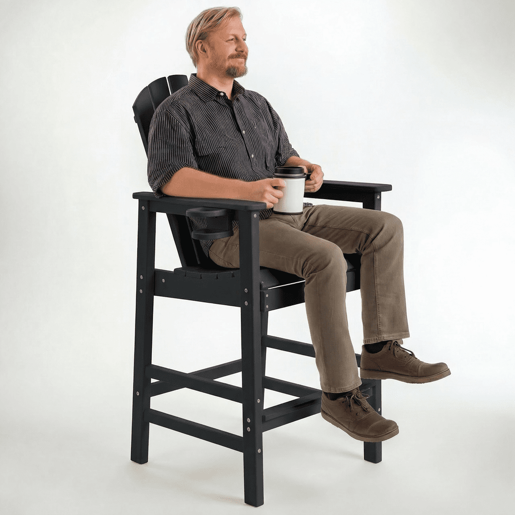 All-Weather Bar Height Adirondack Chair, Outdoor Patio Bar Stool with Armrests & Cup Holder, UV/Weather Resistant, Ergonomic High-Back Design for Deck Backyard Poolside 1PC
