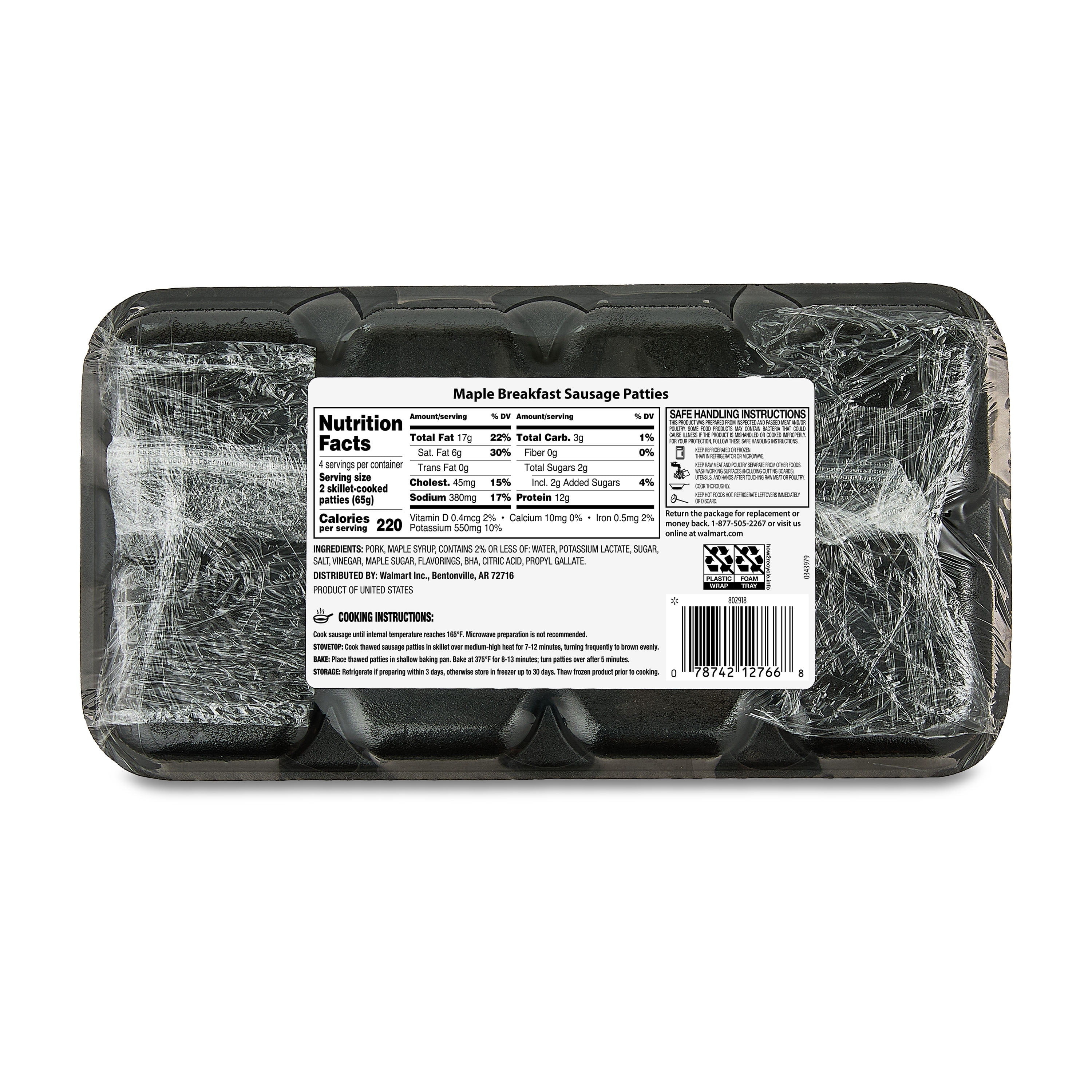 Great Value Frozen Uncooked Vermont Maple Syrup Breakfast Pork Sausage Patties, 12 oz Package