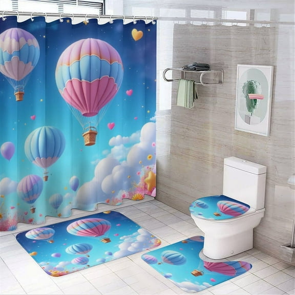 Colorful Hot Air Balloons in Sky Shower Curtain Waterproof Bathroom Curtain Set with Hooks Home Decor Bathroom Curtains 4pcs
