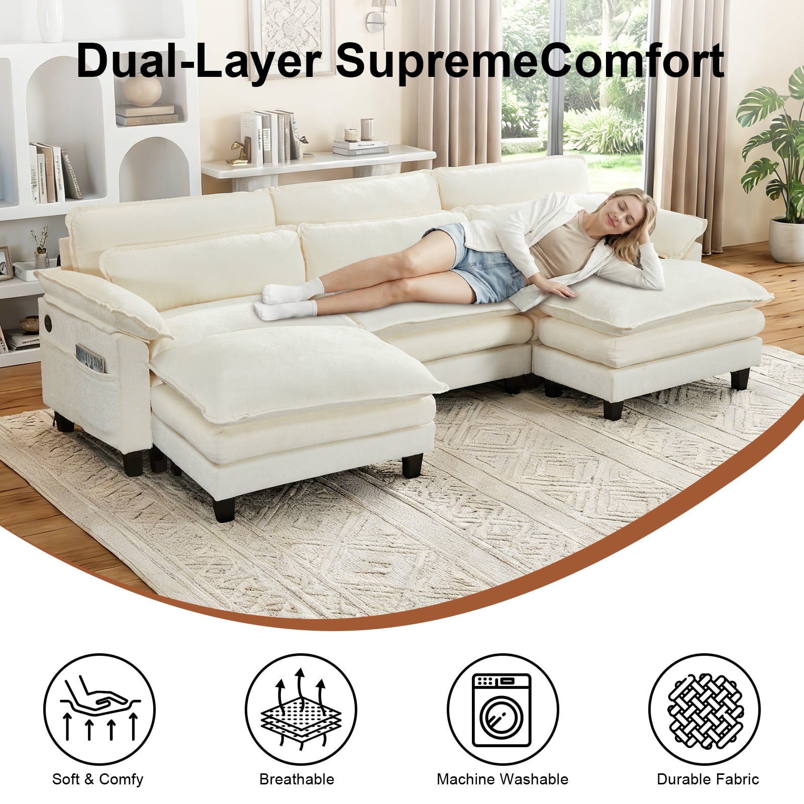 Howcool 113" Modular Sectional Sofa , 3 Seater U-Shaped Cloud Couch with Movable Ottoman, USB Charging Ports & Side Pockets, Sectional couchs for Living Room,Chenille Fabric,Beige