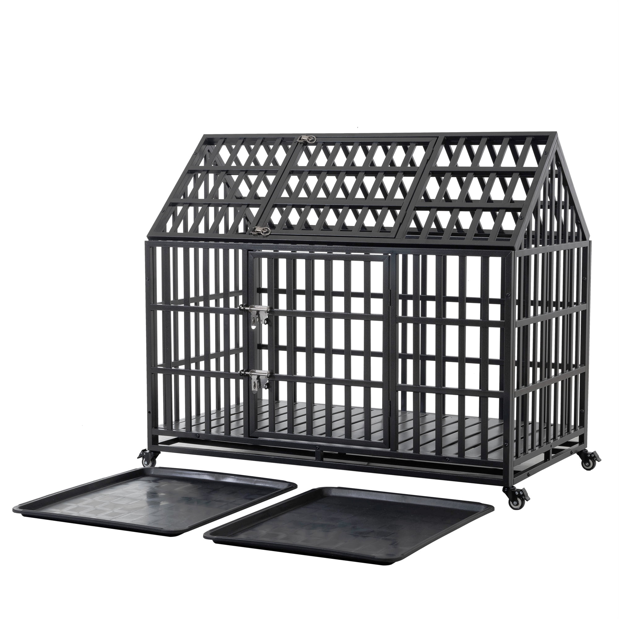 Aukfa 43/47/51 in Heavy Duty Indestructible Dog Crate, House Shape Escape Proof Dog Cage Kennel with Lockable Wheels & Removable Tray