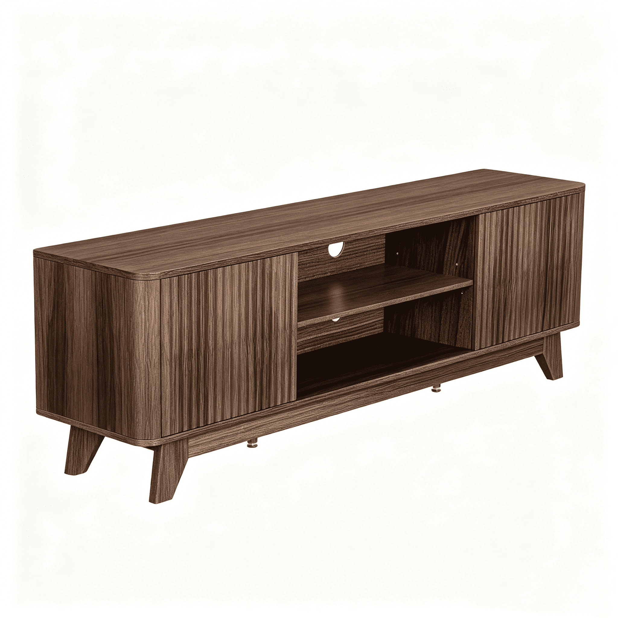 Wood Fluted TV Stand for TVs up to 70 Inch, Mid Century Modern Low Profile TV Console Cabinet with Adjustable Open Storage Shelves & Double Slatted Cabinet Doors