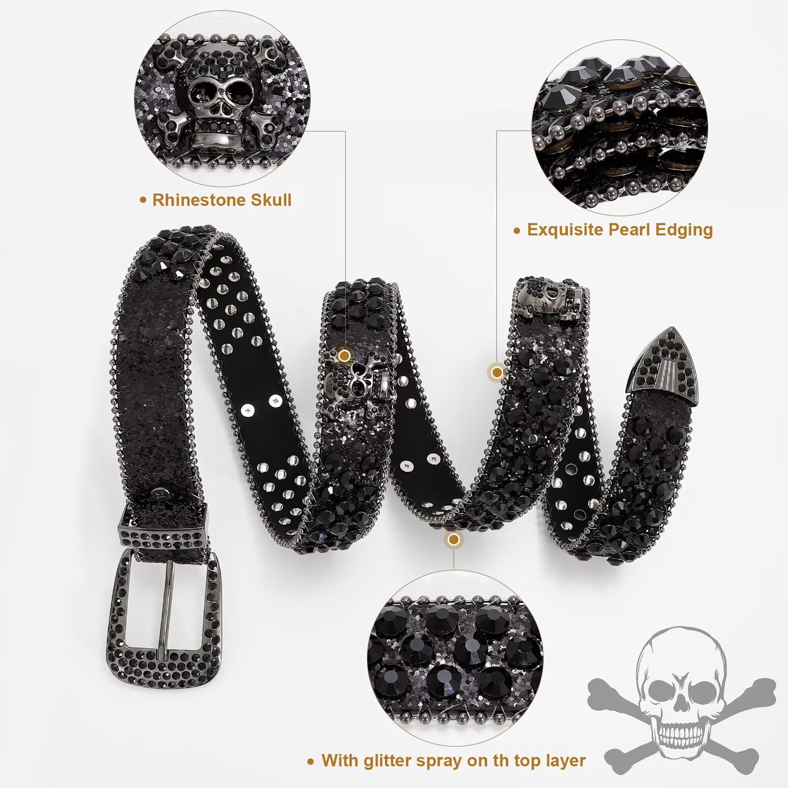 Skull Rhinestone Belt for Women Men Sparkly Bling Diamond Studded Belt Western Cowgirl Cowboy Belts