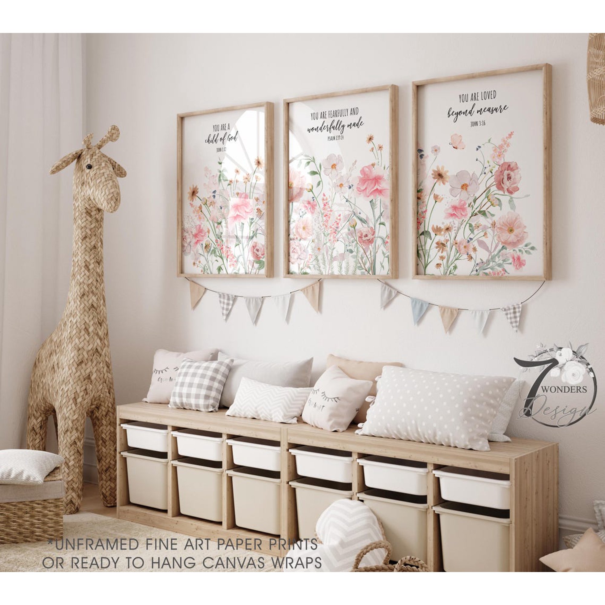 Pink Floral Boho Prints Wildflower Girls Scripture Nursery Wall Art, watercolor flowers Girl Bedroom Decor Vintage Botanical Prints, Poster Only