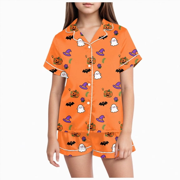 TOWED22 Girls Halloween Pajama Set Short Sleeve Button Down Silky Satin Girls PJS Kids Sleepwear Fall Winter Nightwear Loungewear Set for 2-13 Years(Orange,6-7 Y)