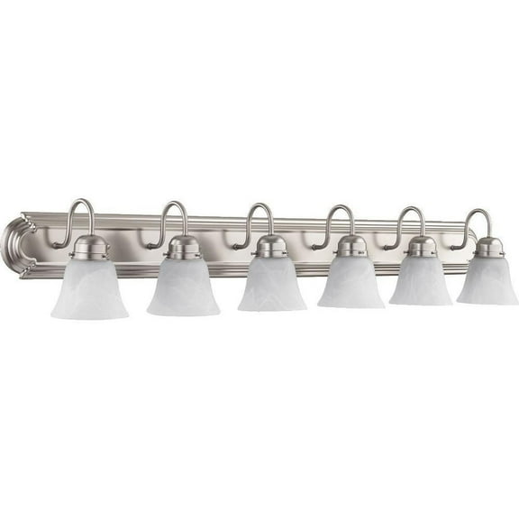 6-Light Bathroom Light with Bell-Shaped Glass Shades with Satin Nickel Back Plate 48 inches W  8 inches H-Satin Nickel Finish-Fau Alabaster Glass