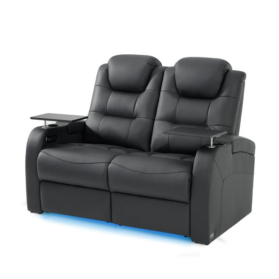 comfiroom Home Theater Seating Simple Style Seats Top Grain Leather Loveseat Recliner Chair Dual Power Movie Theater Chairs Gaming Sofa Electric Headrest with Tray Table (Black, Row of 2 Loveseat)