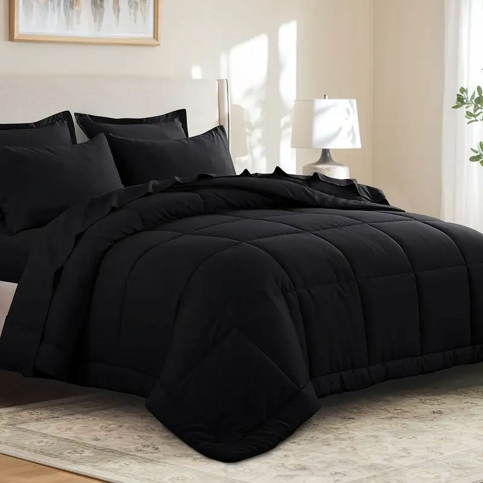RUIKASI 7 Pieces Black Queen Bed Comforter Set with Sheets - Bed in a Bag with Comforter and All Season Sheets, Pillowcases