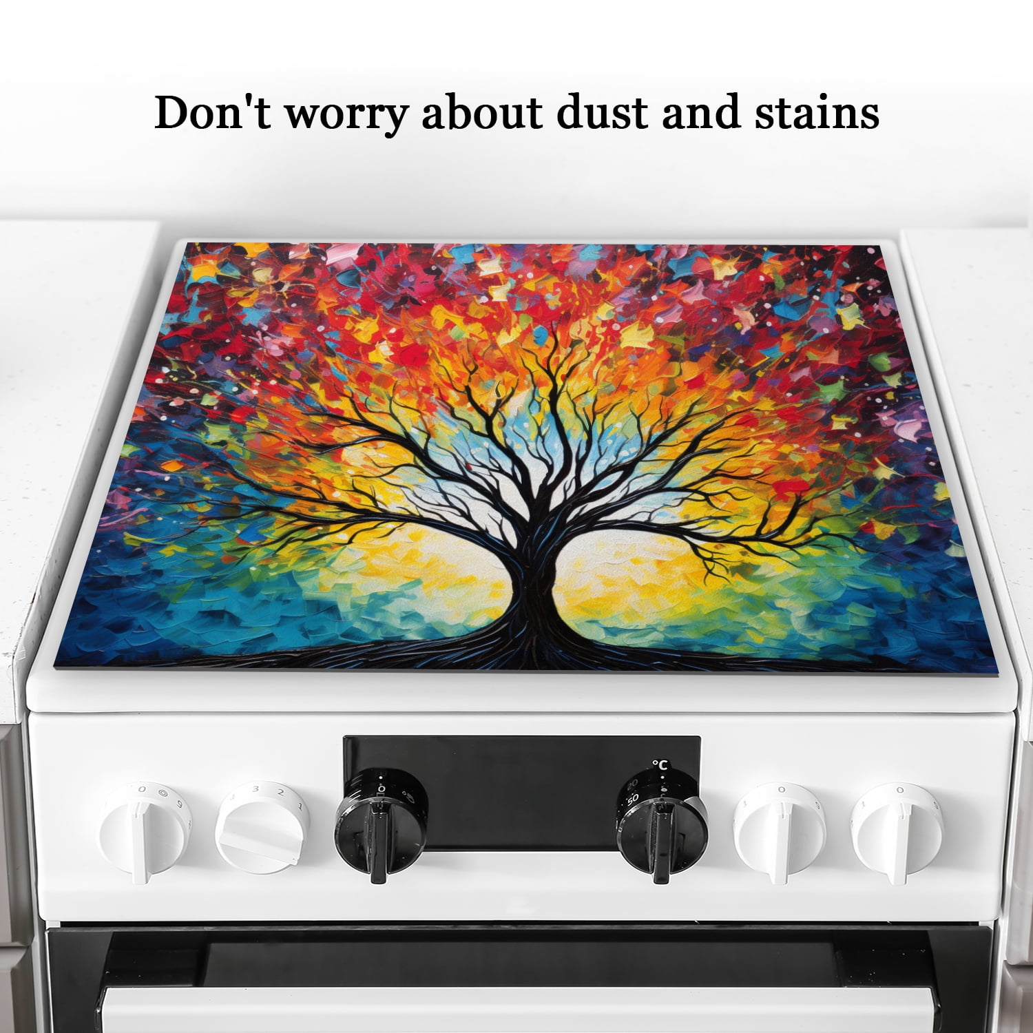 Stove Cover For Glass Top Electric Stove, Colorful Huge Tree of Life Print Foldable Kitchen Coooktop Protector Mat, Square Waterproof Decoration Pad for Kitchen RV(28×20 Inch)