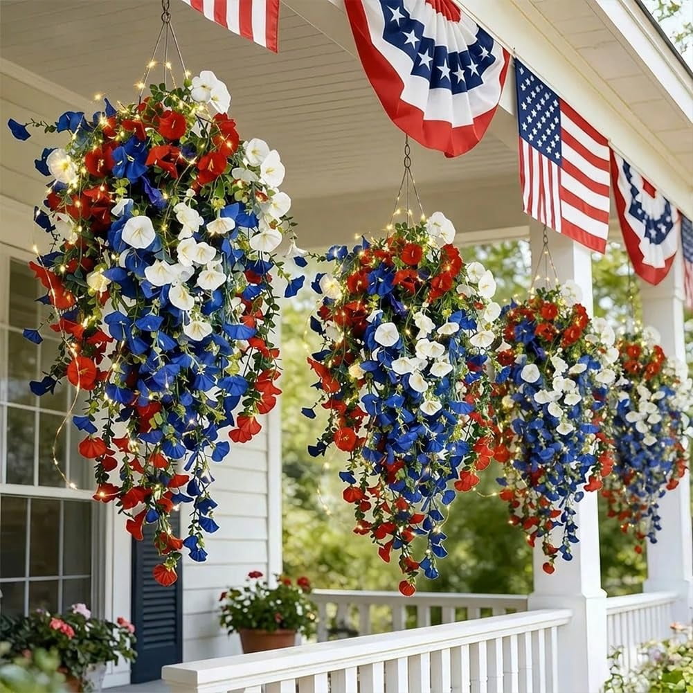 Patriotic Hanging Flower Baskets, Red White Blue Artificial Flowers Outdoor with LED Lights, Fake Porch Trailing Flower for Memorial Day Patio (250th)