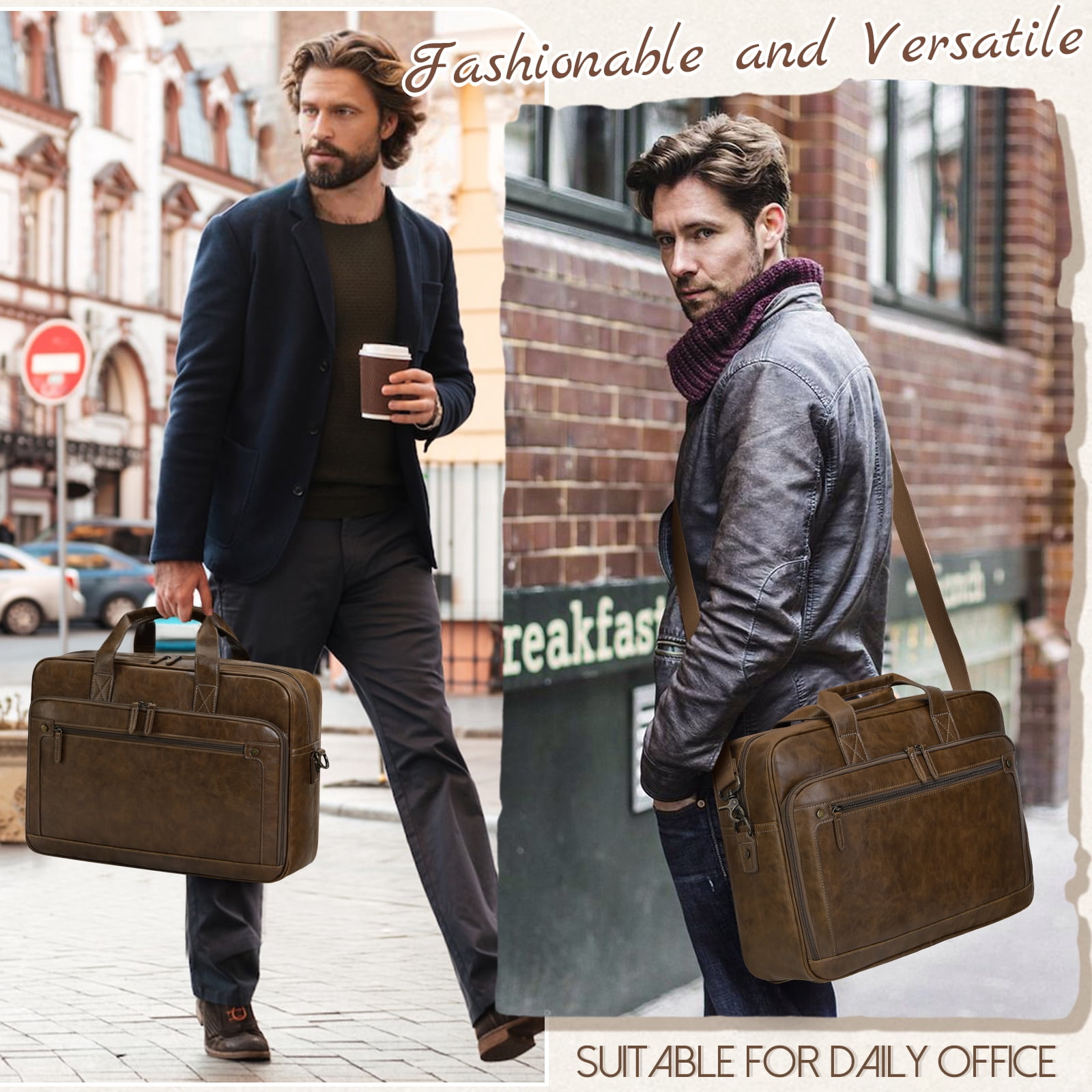 RAINSMORE Messenger Bag for Men 16 Inch Laptop Bag Leather Briefcase Vintage Crossbody Shoulder Office Computer Bag Retro College Satchel Bag for Work, Business, Brown