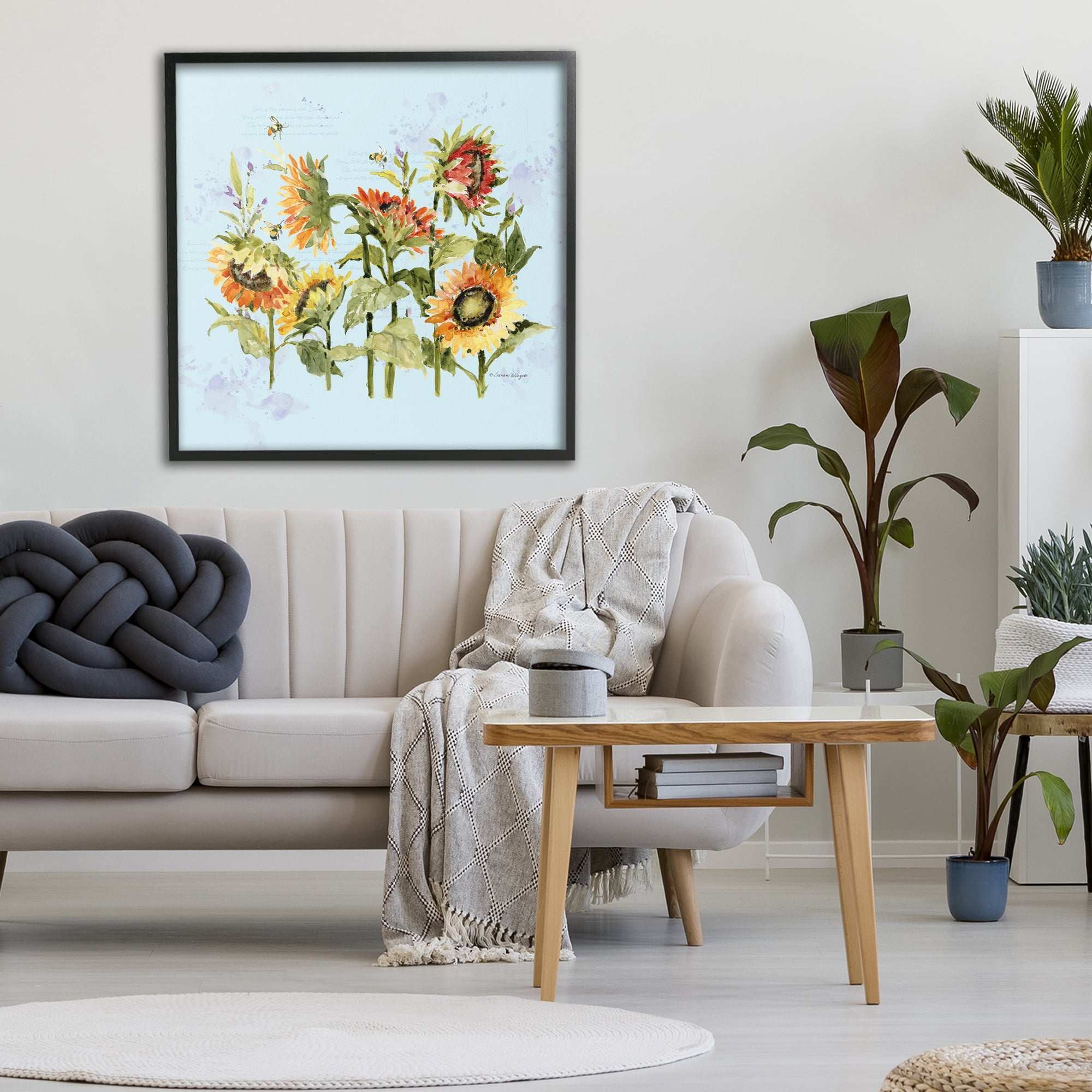 Stupell Industries Sunflowers & Bee on Blue Black Framed Giclee Art, design by Susan Winget