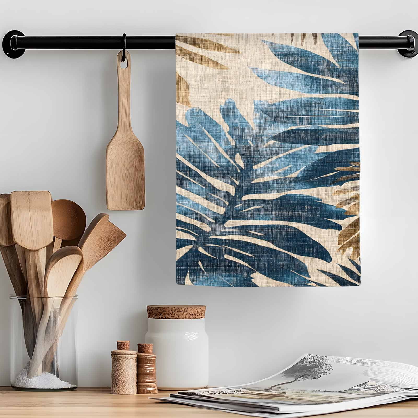 Blue Brown Palm Leaf Kitchen Towel Dish Cloths Set of 3, Microfiber Soft Kitchen Hand Towels, Retro Summer Botanical Absorbent Quick Drying Dishcloths 18 x 28 Inches