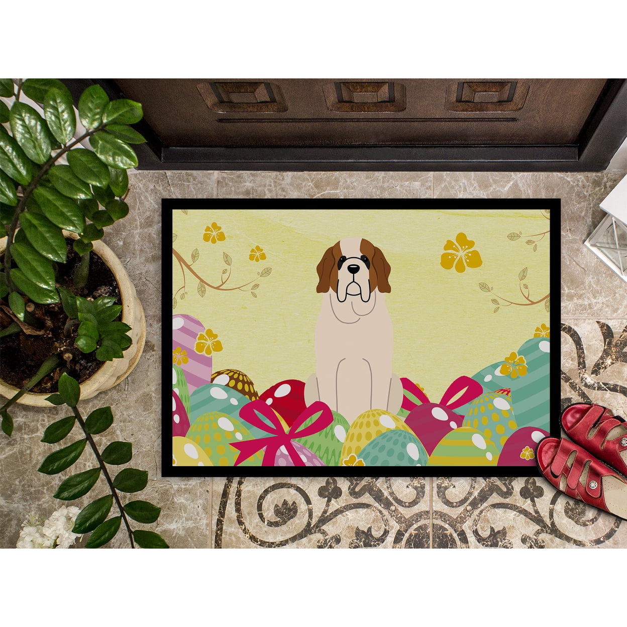 Carolines Treasures BB6035JMAT 24 x 36 in. Easter Eggs Saint Bernard Indoor or Outdoor Mat