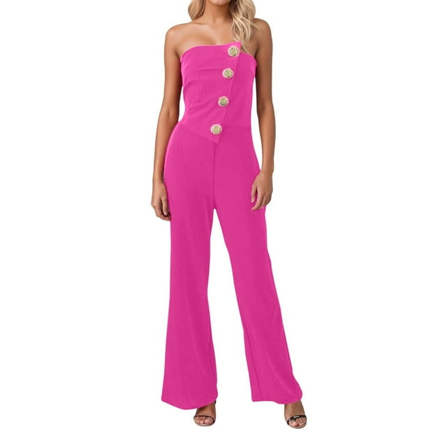 Mono con hombros descubiertos y detalle de botones para mujer - Pantalones acampanados, verano, S-XXL