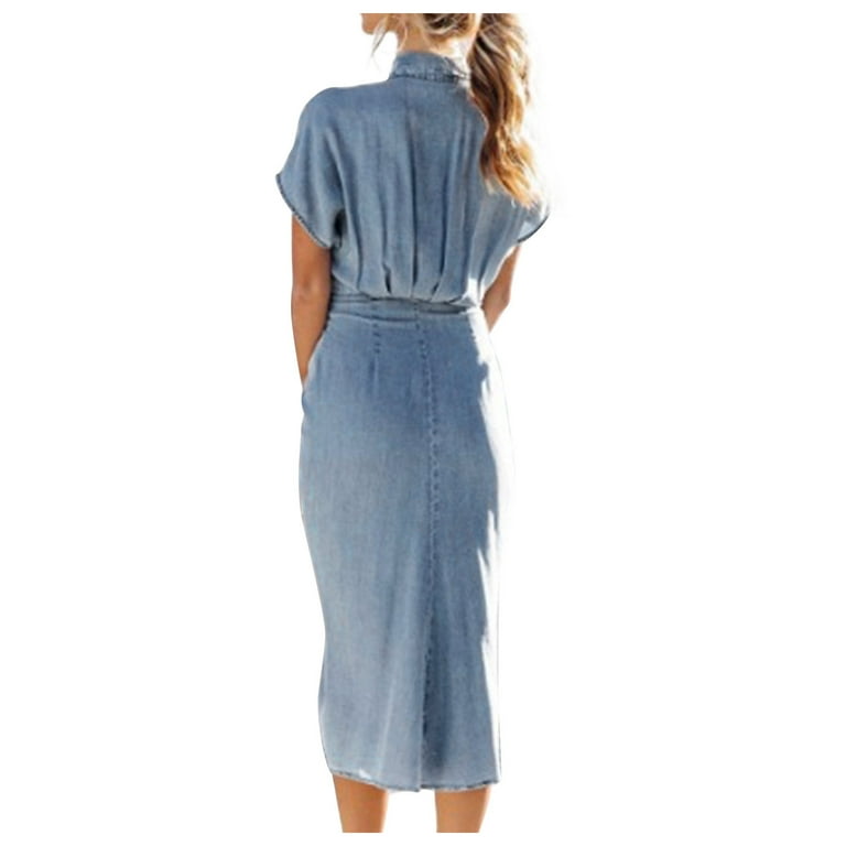 Iroinnid Wedding Guest Dresses for Women Formal Evening Night Dress V-neck Lapel Short Sleeved Button Up Waist Tied Denim Dress Elegant Wrap Dress,