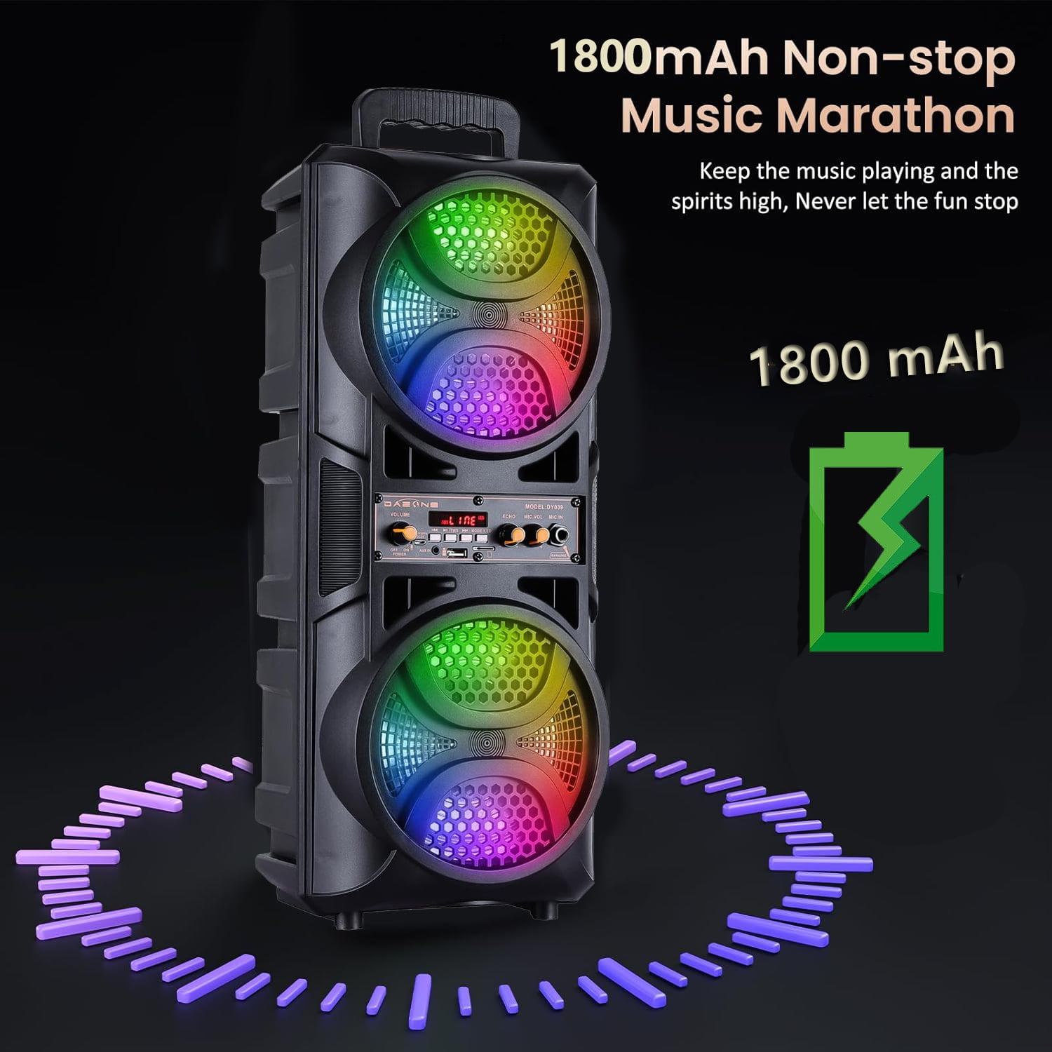RIDWIND 3000W Peak Power Wireless TWS Portable Loud Party Bluetooth Speaker with Dual 6.5" Woofer LED Colorful Lights Microphone Remote Control Support FM/TF/USB/AUX