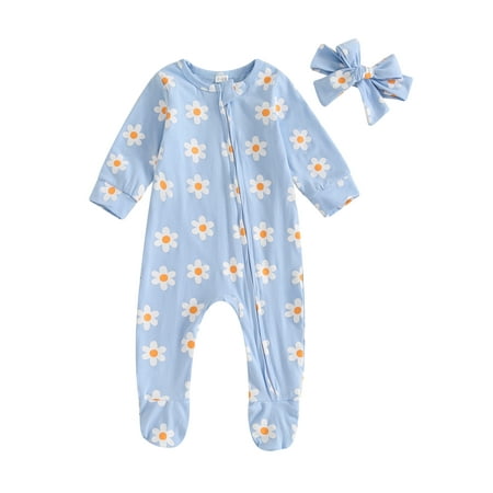 

DcoolMoogl Baby Girl Footed Jumpsuit Flower Long Sleeve Romper with Headband