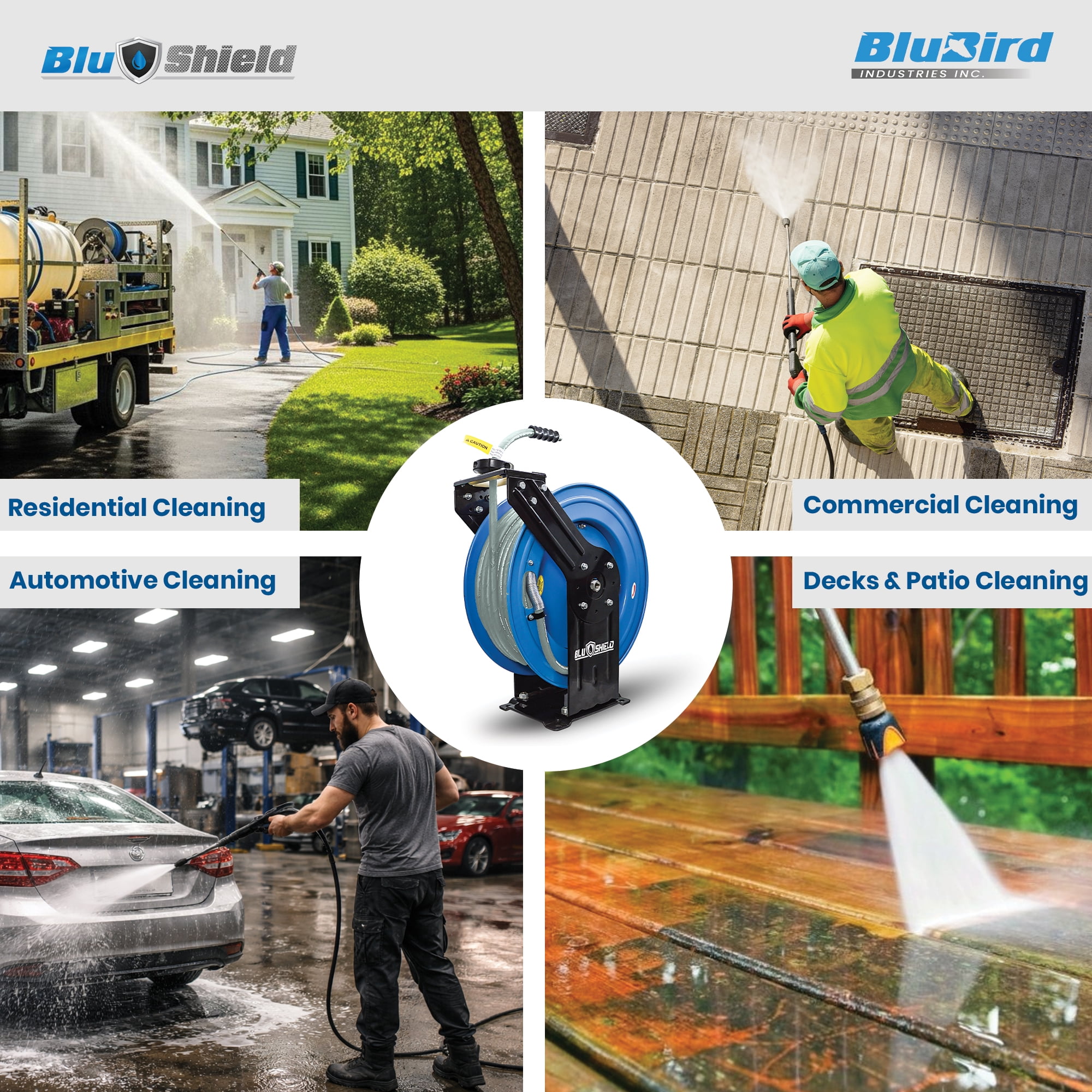 BluShield Pressure Washer Hose Reel with Aramid Braided Hose, 4100 PSi 6' Lead-in Hose, NPT, Lighter, Stronger, Flexible, 1-Year Warranty (3/8" x 100' Non Marking + Coupler Plug)