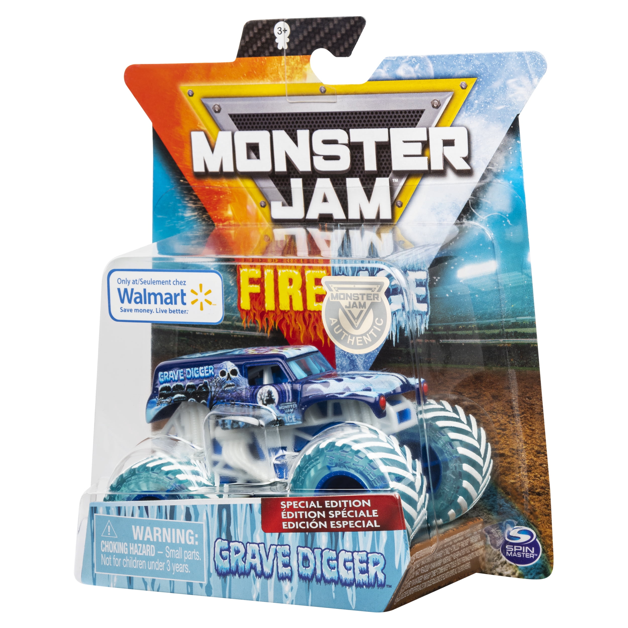 Monster Jam, Fire & Ice Grave Digger Monster Truck, Die-Cast Vehicle, Walmart Exclusive, 1:64 Scale