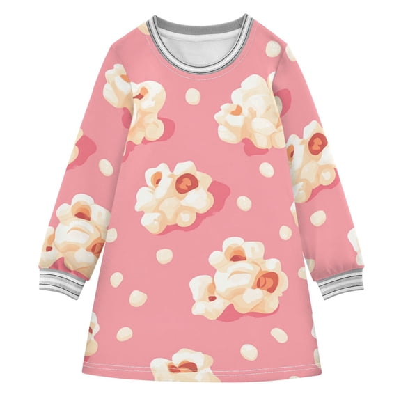 Cartoon Popcorns Long-sleeved Dress A-line One-Piece Dress for 2-8 Years Casual Party 2T