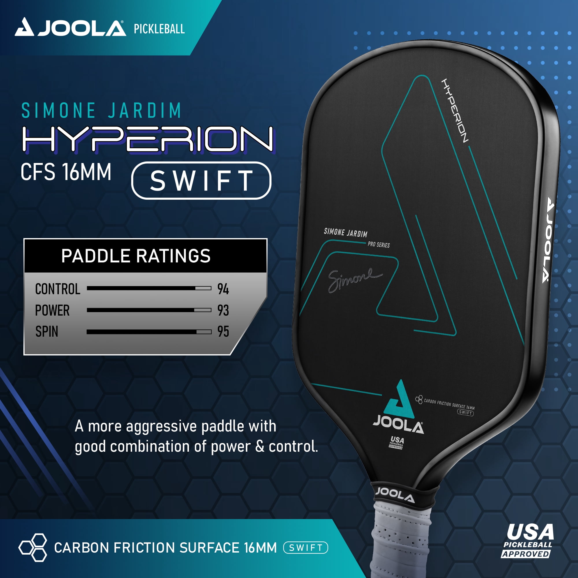 JOOLA Simone Jardim Hyperion CFS 16mm Swift Pickleball Paddle,  Carbon, Elongated , Black