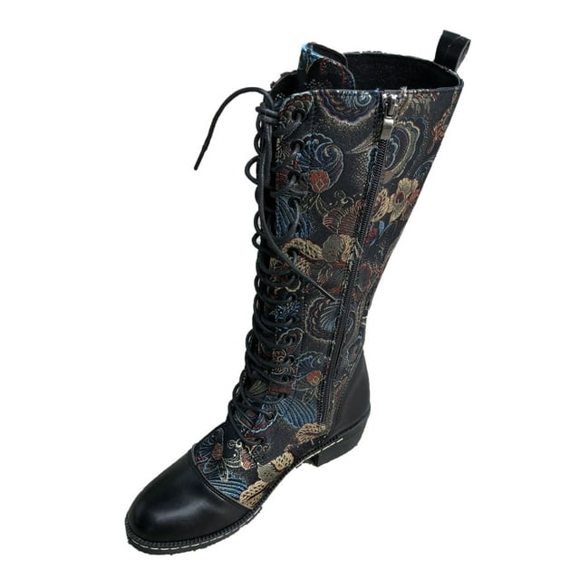 CEHVOM Bottes Décontractées d'Hiver pour Femmes, Plates, à Fleurs Brodées, à Lacets, Mi-Mollet, Rétro, à Fermeture Éclair