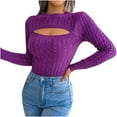 thumbnail image 2 of VSSSJ Women's Cutout Crew Neck Cable Knit Cropped Sweaters Casual Long Sleeve Slim Fit Solid Color Pullover Crop Jumper Sweater Purple S, 2 of 5