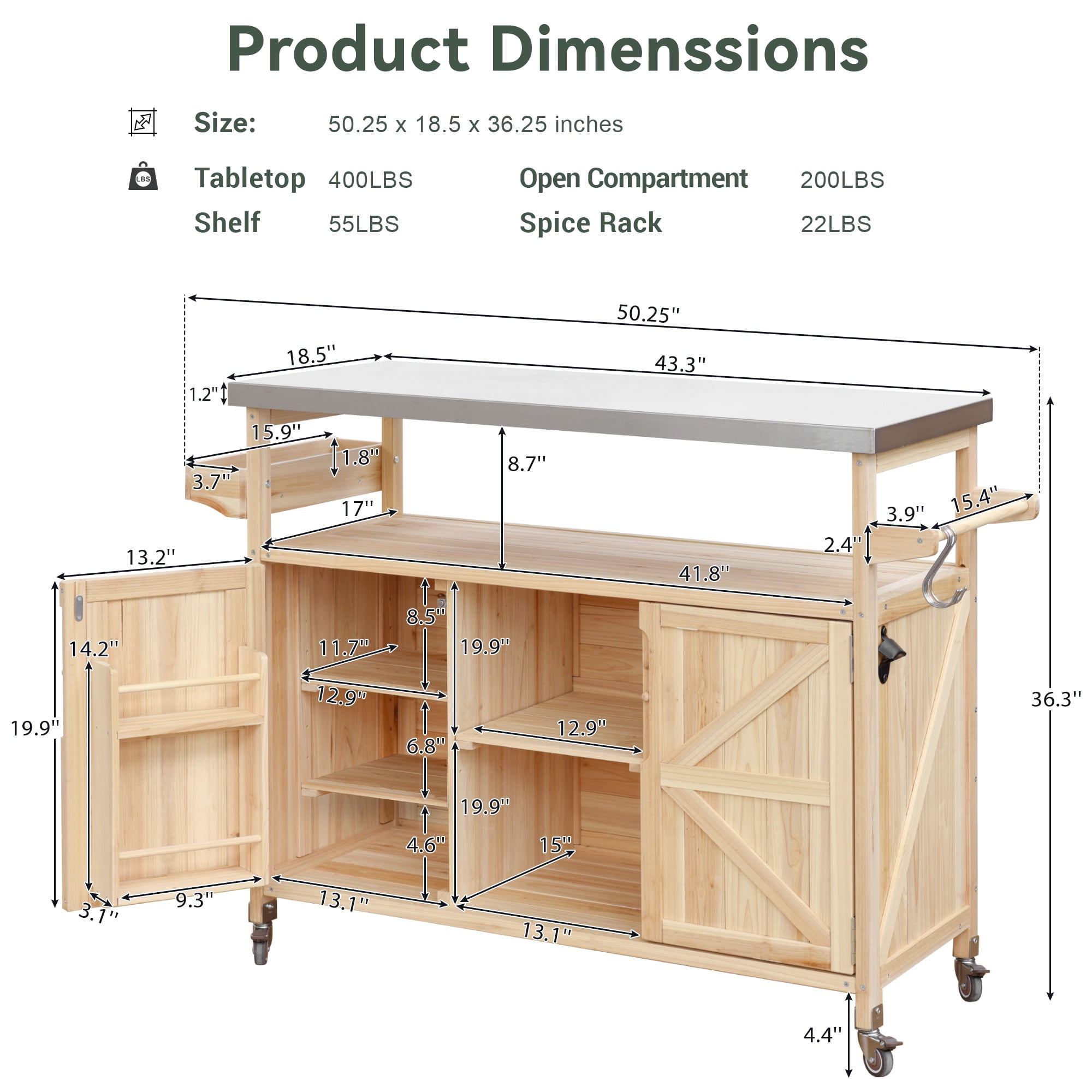 Bellemave Outdoor Kitchen Island Solid Wood Mobile Rolling Bar Cart with Lockable Wheels, Rack and Stainless Steel Top Outdoor Grill Table with Storage Cabinet for Patio, Natural