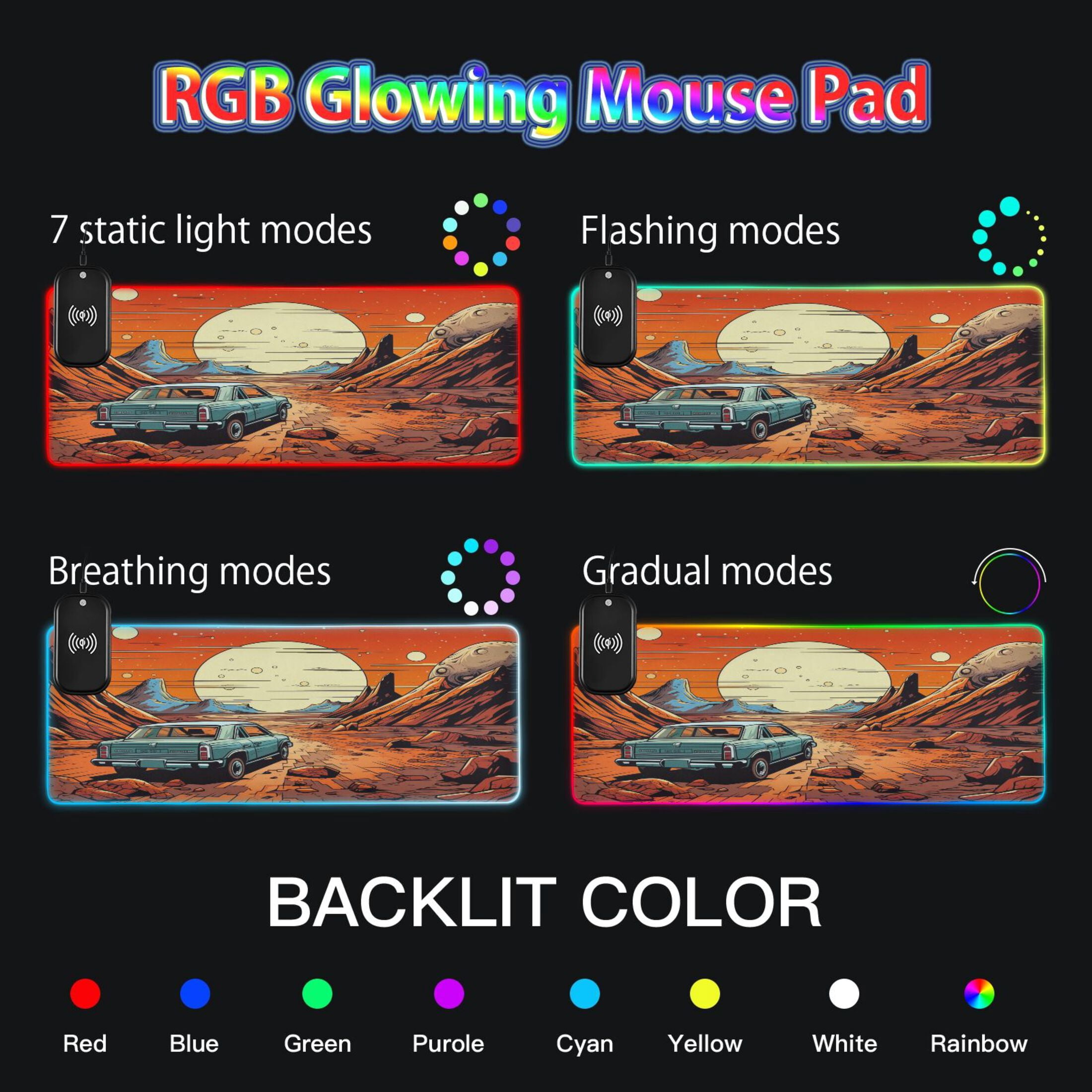 Wireless Charging Mouse Pad Large RGB Gaming Desk Mat 13 Light Modes Mousepad 31.5x11.8 Old Car and Sunset