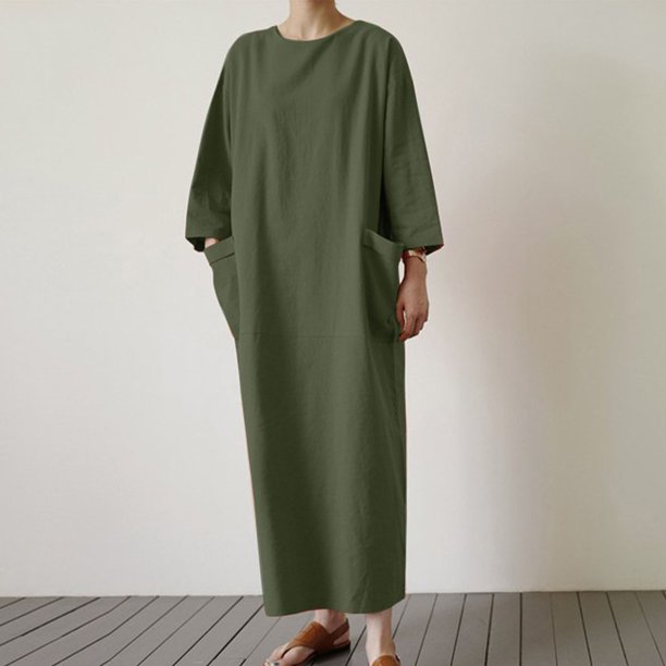 Puntoco Vestido De Manga Corta Con Cuello En V, Vestido Casual De Manga Media Con Bolsillo De Algodón Y Lino De Color Sólido Con Cuello En V Para Mujer De Primavera Y Verano Verde Militar L