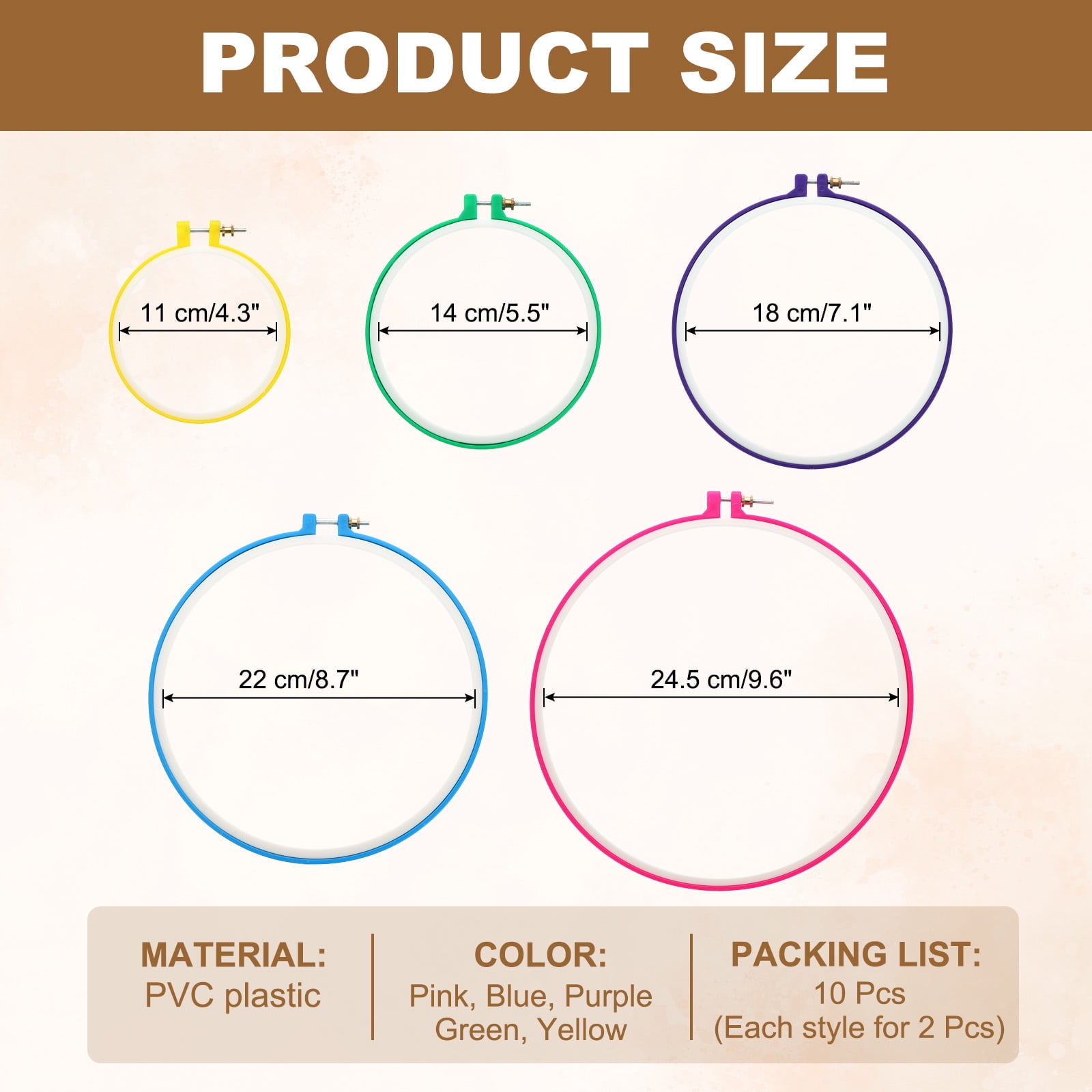 Uxcell 10 Pieces Embroidery Hoops Frame Round Plastic Circle Cross Stitch Hoop Ring for Embroidery Art Craft Handy Sewing Decoration, Pink/Blue/Purple/Green/Yellow