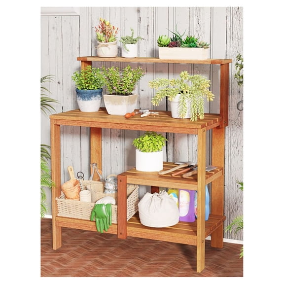 Outdoor Garden Potting Bench Wood Workstation with Shelves - Solid Wood Plant Table for Patio, Backyard, 35.5" x 19" x 43"