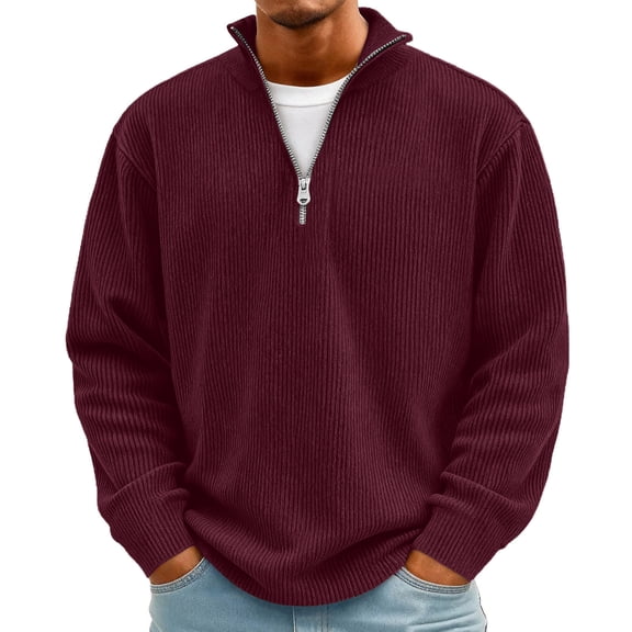Huankd Men's Quarter Zip Knit Sweater Long Sleeve Pullover Tops Casual Slim Fit Crew Neck Textured Chunky Winter 2026 Wine S